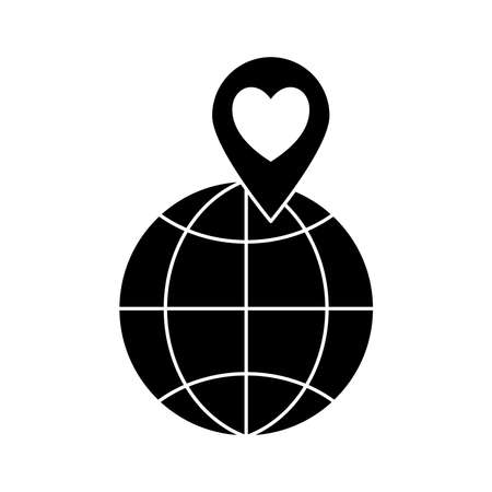 global sphere with heart in gps mark silhouette style icon design of Charity and donation theme Vector illustrationのイラスト素材