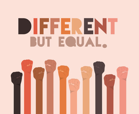 different but equal and diversity fists hands up design, people multiethnic race and community theme...