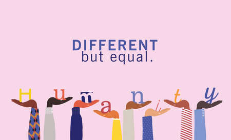 different but equal and humanity word on diversity hands up design, people multiethnic race and community theme Vector illustrationのイラスト素材