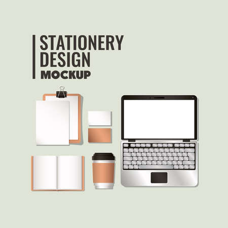 laptop and mockup set on white background of corporate identity and stationery design theme Vector illustrationのイラスト素材
