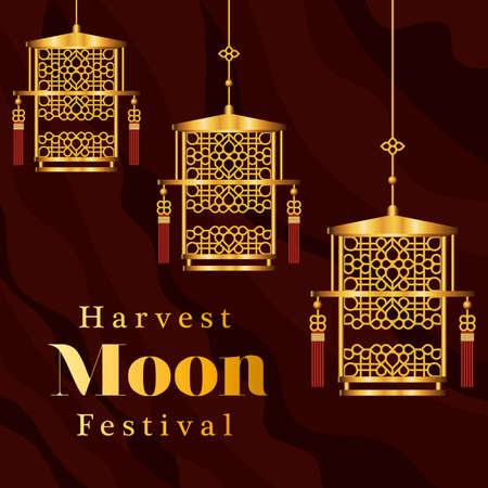 harvest moon festival with gold lanterns design, Oriental chinese and celebration theme Vector illustrationのイラスト素材