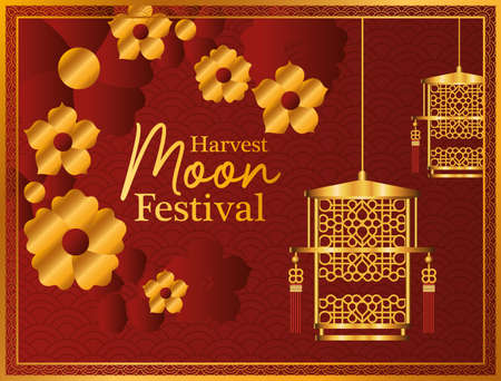 harvest moon festival with gold lanterns flowers and frame design, Oriental chinese and celebration theme Vector illustrationのイラスト素材