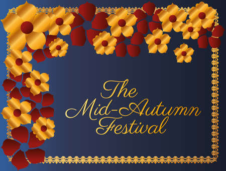 Mid autumn festival with gold red flowers and frame on blue background design, Oriental chinese and celebration theme Vector illustrationのイラスト素材