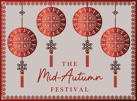 Mid autumn festival with red fortune hangers with frame design, Oriental chinese and celebration theme Vector illustrationのイラスト素材