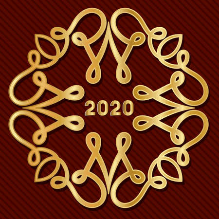 2020 in ornament gold frame on striped red background design, Welcome celebrate greeting card happy decorative and celebration theme Vector illustrationのイラスト素材