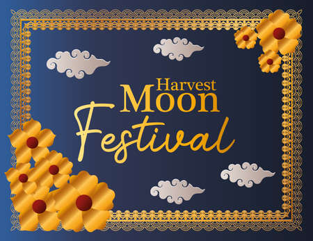 harvest moon festival with gold flowers clouds and frame design, Oriental chinese and celebration theme Vector illustrationのイラスト素材