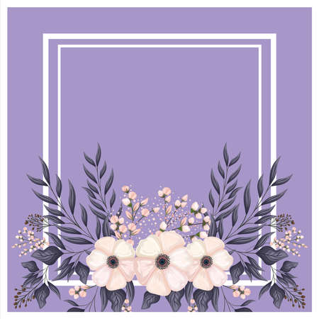 frame with white flowers buds and leaves painting design, natural floral nature plant ornament garden decoration and botany theme Vector illustrationのイラスト素材