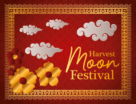 harvest moon festival with gold red flowers clouds and frame design, Oriental chinese and celebration theme Vector illustrationのイラスト素材