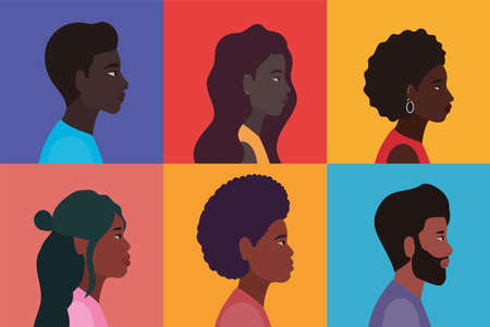 black women and men cartoons in multicolored frames background design, people multiethnic race and community theme Vector illustrationのイラスト素材