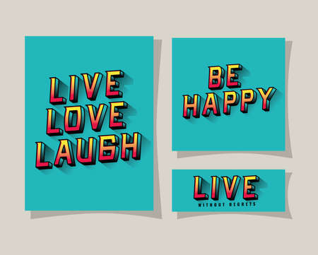 3d live love laugh be happy and live lettering on blue backgrounds design, typography retro and comic theme Vector illustrationのイラスト素材