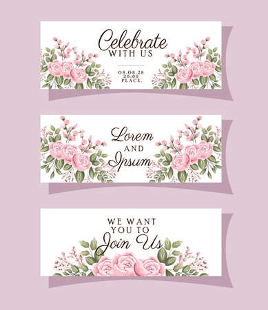 Wedding invitations set with gold ornament frames and roses flowers with leaves design, Save the date and engagement theme Vector illustrationのイラスト素材