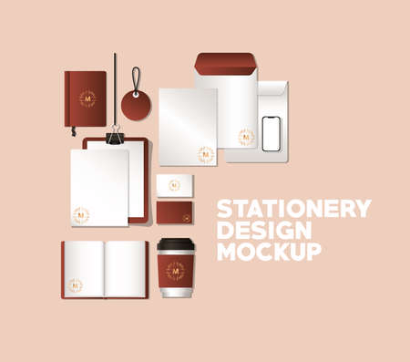 mockup set with brown branding of corporate identity and stationery design theme Vector illustrationのイラスト素材