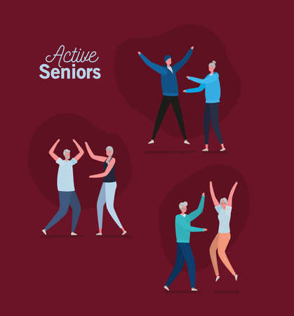 Set of active seniors woman and man cartoons on red background design, Activity theme Vector illustrationのイラスト素材