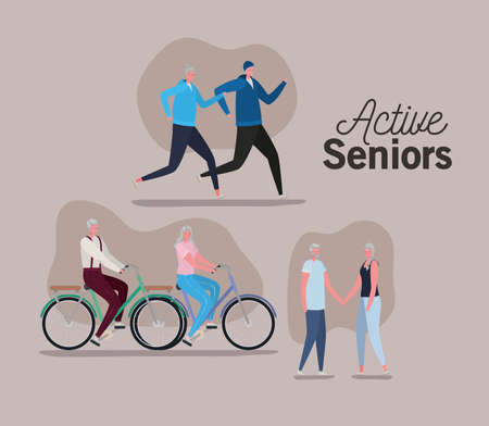 Set of active seniors woman and man cartoons with bikes on brown background design, Activity theme Vector illustrationのイラスト素材