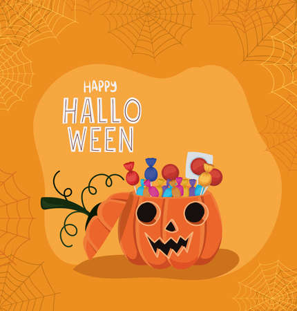 Halloween pumpkin cartoon with candies and spiderwebs design, Holiday and scary theme Vector illustrationのイラスト素材