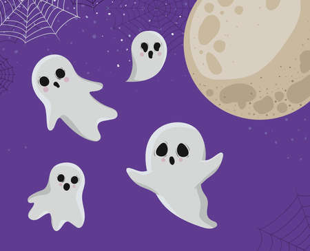 Halloween ghosts cartoons with moon design, Holiday and scary theme Vector illustrationのイラスト素材