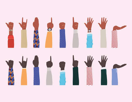 hands up of different types of skins design, diversity people multiethnic race and community theme Vector illustrationのイラスト素材