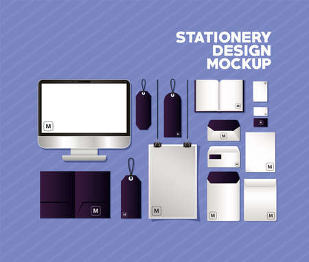 mockup set with dark purple branding of corporate identity and stationery design theme Vector illustrationのイラスト素材