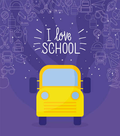 yellow bus and icon set design, Back to school eduacation class lesson theme Vector illustrationのイラスト素材