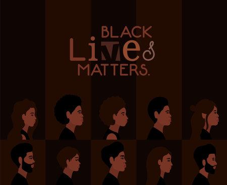 women and men cartoons in side view with black lives matters text design of Protest justice and racism theme Vector illustrationのイラスト素材