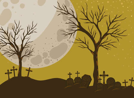 Halloween crosses graves and trees in front of moon landscape design, Holiday and scary theme Vector illustrationのイラスト素材