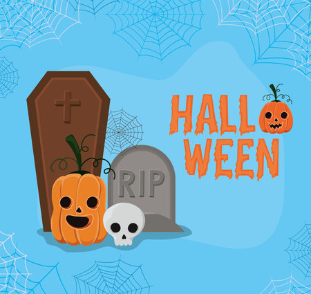 Halloween pumpkin and skull cartoon with graves design, Holiday and scary theme Vector illustrationのイラスト素材