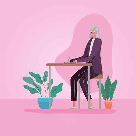 Senior woman cartoon at desk design, Activity theme Vector illustrationのイラスト素材