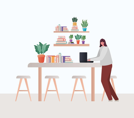 Woman with laptop working on table design of Work from home theme Vector illustrationのイラスト素材