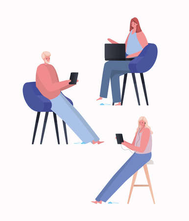 Set of women and man with laptop and tablet working on chair design of Work from home theme Vector illustrationのイラスト素材