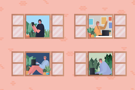 Set of women and men with laptop working at window design of Work from home theme Vector...