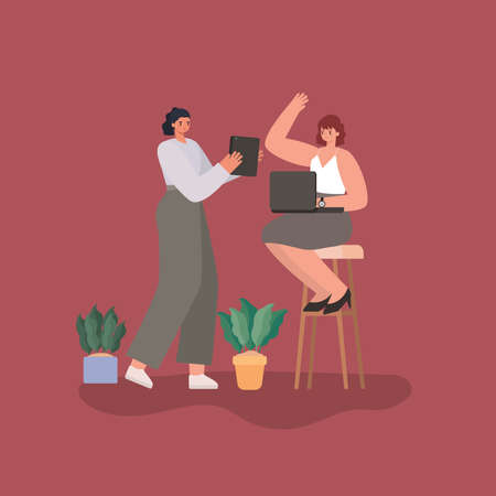 businesswomen cartoons on chair with laptop tablet and plants design, business management and corporate theme Vector illustrationのイラスト素材