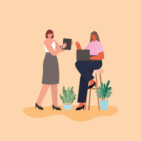 businesswomen cartoons on chair with laptop tablet and plants design, business management and corporate theme Vector illustrationのイラスト素材