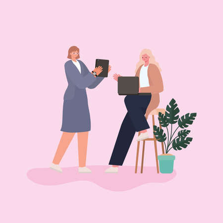 businesswomen cartoons on chair with laptop tablet and plant design, business management and corporate theme Vector illustrationのイラスト素材