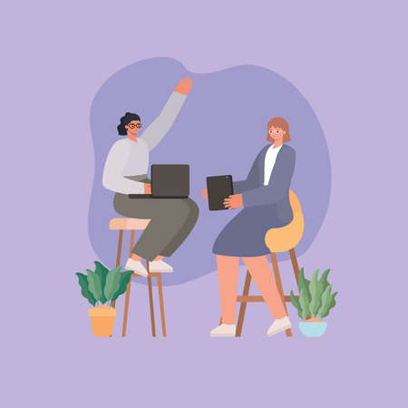 businesswomen cartoons on chairs with laptop tablet and plants design, business management and corporate theme Vector illustrationのイラスト素材