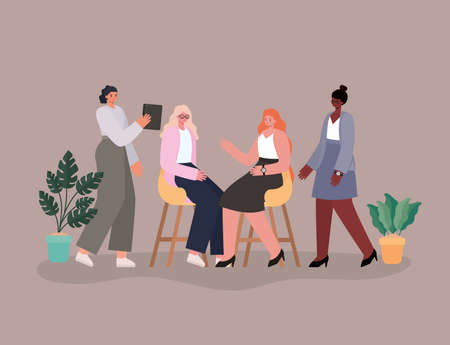 businesswomen cartoons on chairs with tablet and plants design, business management and corporate theme Vector illustrationのイラスト素材