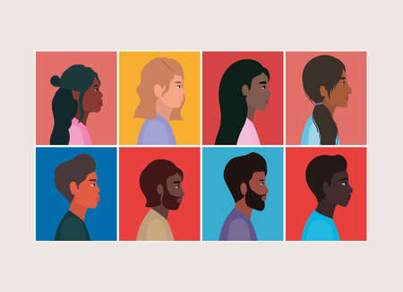 diversity of women and men cartoons in frames design, people multiethnic race and community theme Vector illustrationのイラスト素材