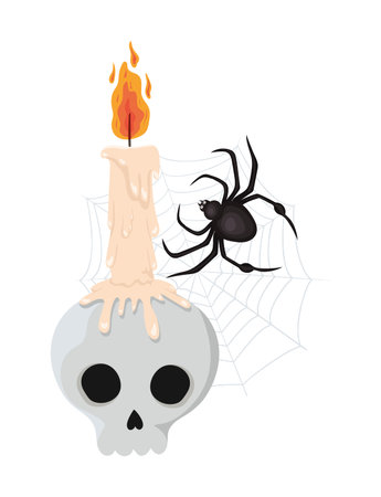Halloween skull with candle and spider design, Holiday and scary theme Vector illustrationのイラスト素材
