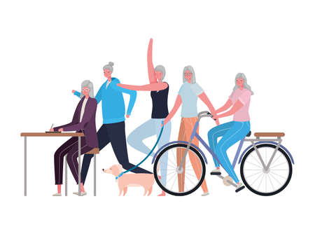 Senior women cartoons doing activities design, grandmother and old female person theme Vector illustrationのイラスト素材