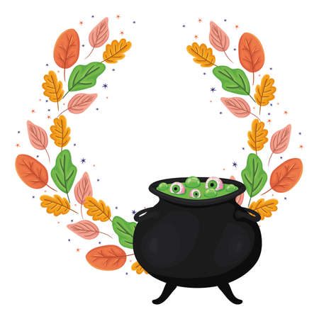 Halloween witch bowl with leaves design, Holiday and scary theme Vector illustrationのイラスト素材