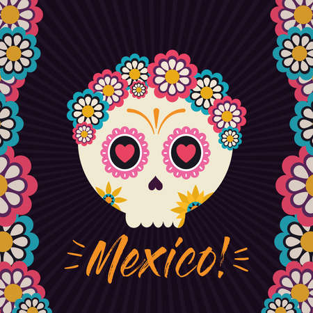 Mexican female skull head with flowers design, Mexico culture tourism landmark latin and party theme Vector illustrationのイラスト素材