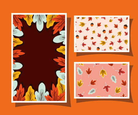 Set of frames with autumn leaves on orange background design, season nature ornament garden...