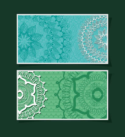 mandalas cards frames on green background design of Bohemic ornament indian and decoration theme Vector illustrationのイラスト素材
