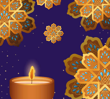 Happy diwali candle and gold flowers on blue background design, Festival of lights theme Vector illustrationのイラスト素材