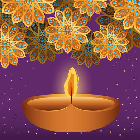 Happy diwali candle and gold flowers on purple background design, Festival of lights theme Vector illustrationのイラスト素材