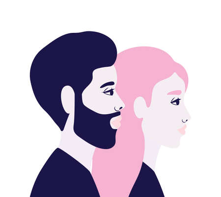 woman and man cartoon in side view in blue and pink colors design, Person people and human theme Vector illustrationのイラスト素材