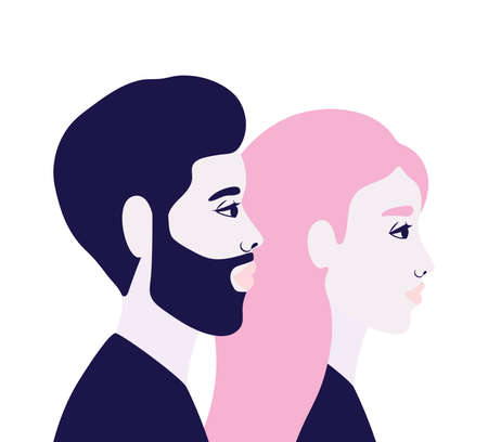 woman and man cartoon in side view in blue and pink colors design, Person people and human theme Vector illustrationのイラスト素材