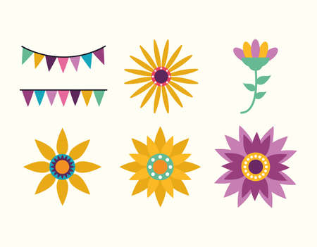 Mexican banner pennant and flowers design, Mexico culture tourism landmark latin and party theme Vector illustrationのイラスト素材