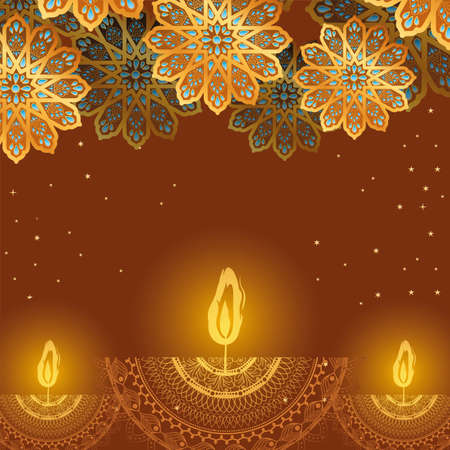 Happy diwali candles and gold flowers on brown background design, Festival of lights theme Vector illustrationのイラスト素材