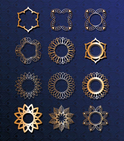 set of gold mandalas on blue background design of Bohemic ornament indian and decoration theme Vector illustrationのイラスト素材