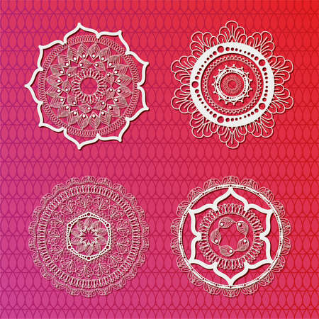 set of white mandalas on pink gradient background design of Bohemic ornament indian and decoration theme Vector illustrationのイラスト素材